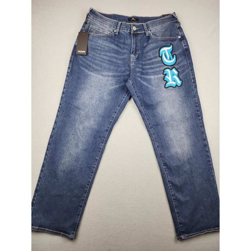 True Religion Bobby Applique Jeans Mens 31x32 Med Wash Relaxed Baggy Denim NWT